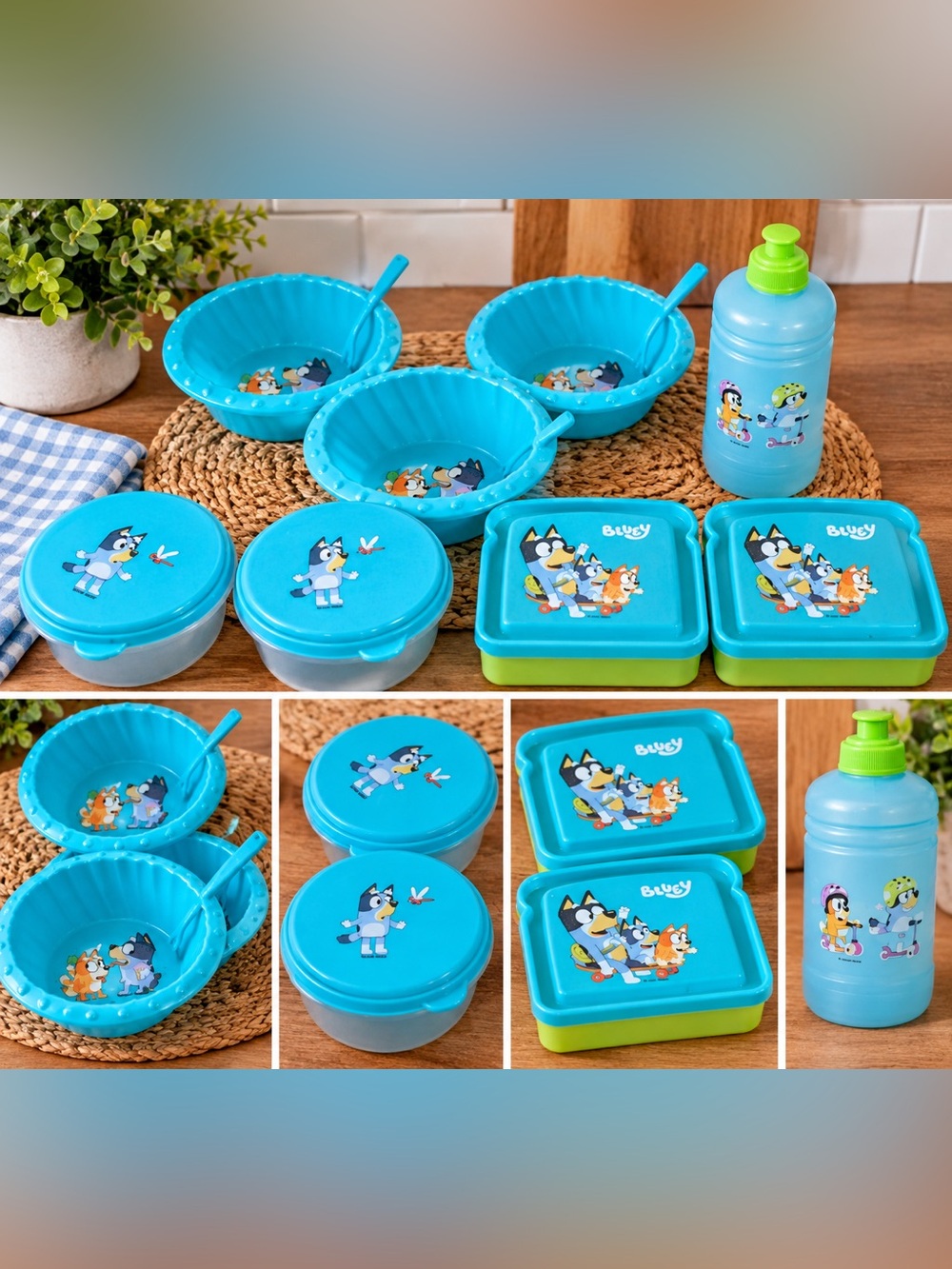 Kids BLUEY Lunch Set. 3Plastic Bowls, 2 Lunchbox, & a Water Bottle